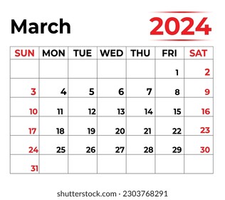 March 2024 monthly calendar design in clean look week starts from sunday Stockvektor