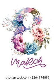 March 8 Happy womens day watercolor flowers lettering greeting card. Vector illustration Stockvektor