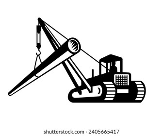 Mascot illustration of a digger excavator with boom crane laying pipe viewed from side in low angle on isolated background done black and white retro style.: stockvector