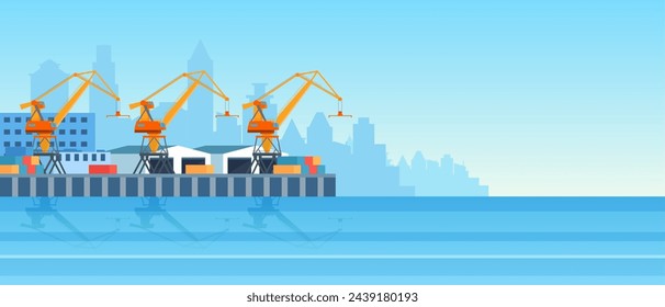 Metropolis cargo seaport with freight cranes on shore, loading, unloading containers, warehouse hangars, terminal control center building. Vector illustration in flat style Stock vektor
