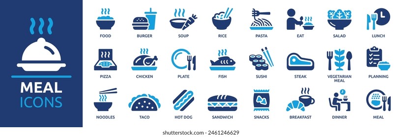 Meal icon set. Containing food, lunch, eat, dinner, pasta, rice, pizza, salad, soup, breakfast and more. Vector solid icons collection., vector de stoc