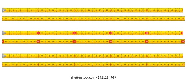 Measurement tape for carpentry, yellow ruler with scale metric. Carpenter measuring tape, metric tape measure. Stockvektor