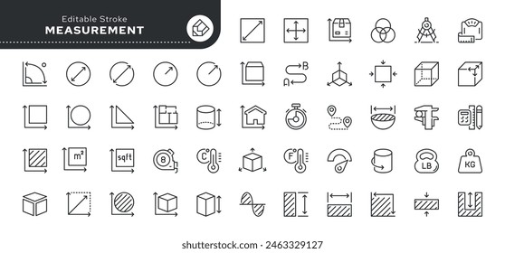  Measurements, size, parameter - series. Set of line icons in linear style. Outline icon collection. Conceptual pictogram and infographic. Stockvektor
