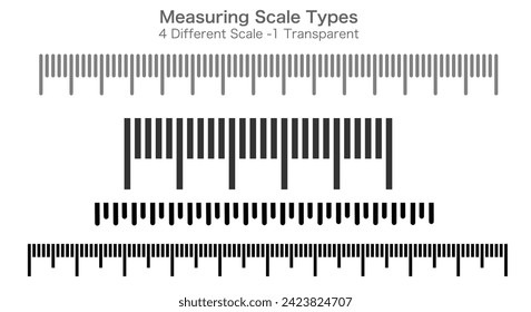 Measuring ruler scale types, set.  Four different ruler, meter, inch. Comparing quantities. Distance, repeatable. Transparent black white ruler, measure baseline. Math, geometry. Vector illustration
 Stockvektor