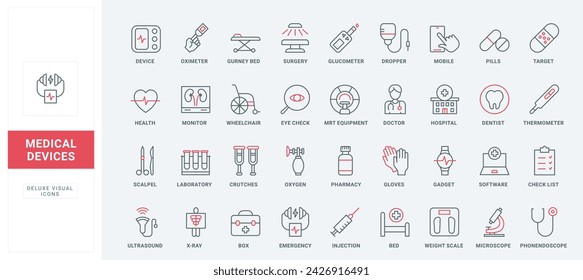 Medical devices and hospital equipment line icons set. Wheelchair and bed for patient, first aid kit and diagnostic laboratory software, microscope thin black and red symbols vector illustration Arkistovektorikuva