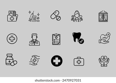 Medical rx line icons. Hospital assistance, Ambulance, Health food diet, Laboratory tubes icons. First aid kit, Medical doctor, Prescription Rx recipe. Drop counter, Ambulance emergency car. Vector Stockvektor