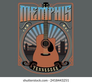 memphis tennessee music festival vector design, country music fest artwork for t shirt, sticker, poster, graphic print, retro vintage music typography with guitar   Arkistovektorikuva