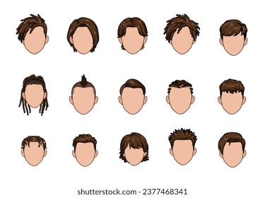 Men hair. Set of man cartoon hairstyles. Collection of fashionable stylish types. Face Male Vector illustration isolated on white background. Adlı Stok Vektör