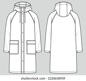 Men's hooded water-repellent jacket. Long raincoat. Fashion sketch. Flat technical drawing. Vector illustration. 库存矢量图