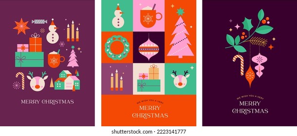 Merry Christmas modern design, holiday gifts, winter elements, candles, Christmas tree, village and Xmas decorations. Colorful vector illustration in flat geometric cartoon style Stock Vector