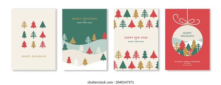 Merry Christmas and New Year posters set with winter abstract triangle fir trees. Vector illustration. Greeting cards, minimal noel corporate design templates, invitation or flat icons background Stock-vektor