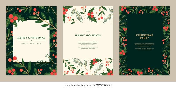 Merry Christmas artistic templates. Corporate Holiday card and invitation. Floral frame and background design. greeting card, poster, holiday cover, banner, flyer. Modern flat vector illustration., vector de stoc