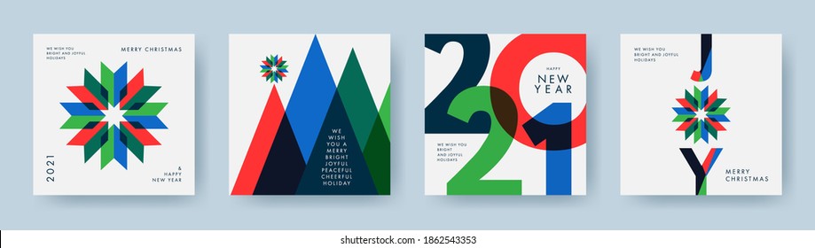 Merry Christmas and Happy New Year Set of backgrounds, greeting cards, posters, holiday covers. Design templates with typography, season wishes in modern minimalist style for web, social media, print Stock Vector