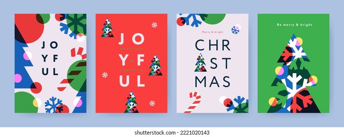 Merry Christmas and Happy New Year Set of backgrounds, greeting cards, posters, holiday covers. Xmas templates with typography and season wishes in modern minimalist style for web, social media, print Stock-vektor