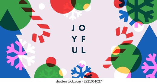 Merry Christmas and Happy New Year banner. Trendy modern Xmas design with typography, overlay elements, candy cane, snowflake, Christmas tree. Horizontal poster, greeting card, header for website Stock-vektor