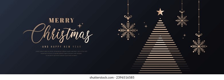 Merry christmas and happy new year banner. Elegant golden line christmas tree, snowflake decoration, star on dark background. Luxury xmas greeting card design. Vector Illustration Immagine vettoriale stock