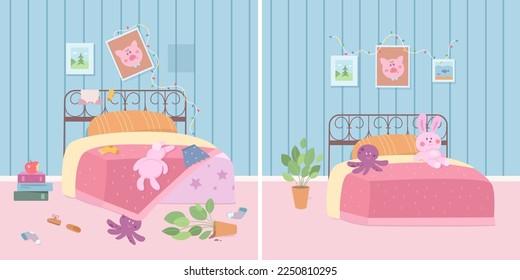 乱雑できれいな子供の寝室の比較ベクターイラスト。掃除を必要とする服や装飾の乱雑で片付け、汚れて乱雑なインテリアの前後にベッドと家の漫画の部屋のベクター画像素材