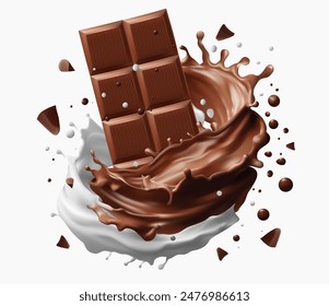 ミルクが飛び散るチョコレートの液体とチョコレートバーが背景に飛び散る、3Dイラストでリアルなベクター画像。食品のコンセプト。グラデーションメッシュのベクター画像素材