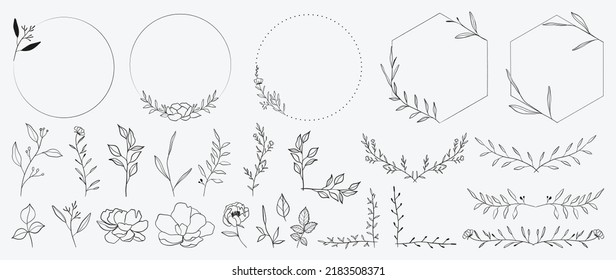 Minimal botanical wedding frame elements on white background. Set of wreath, flowers, leaf branches in hand drawn pattern. Foliage line art design for wedding, card, invitation, greeting, logo. Stock Vector