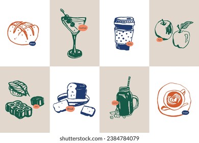 Minimalist hand drawn food and drink vector illustration collection. Art for for postcards, branding, logo design, background. Stock vektor
