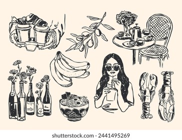 Minimalist hand drawn food and drink vector illustration collection Stock vektor