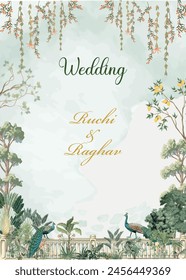 Mughal wedding card, Invitation for wedding, Flower, peacock, Mughal tree, Watercolor Background. Vektor Stok