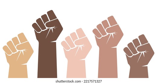 Multiethnic fists. Multiple hands raised with closed fists symbolizing black lives. Vector illustration. – Vector có sẵn