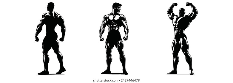 Muscular bodybuilder vector silhouette illustration isolated on white background. Adlı Stok Vektör