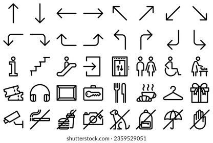 Museum way finding line icon set. Ticket office, audio guide, art gallery, gift shop outline symbols. Prohibition pictograms in linear style. Editable stroke. Vector graphics Stock vektor