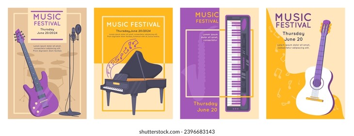 Musical instruments cards. Invitational flyers. Acoustic or electric guitars. Music performance. Concert announcements. Synthesizer and piano. Entertainment event. Recent Arkistovektorikuva