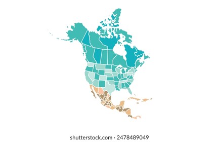 North America map isolated modern colorful style. for website layouts, background, education, precise, customizable, Travel worldwide, map silhouette backdrop, earth geography, political, reports. Immagine vettoriale stock