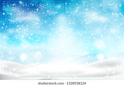 Natural Winter Christmas background with snow banks in the snowfall. Winter landscape with falling Christmas shining beautiful snow. Vector illustration with snowflakes, white snow, blue sky Stock Vector