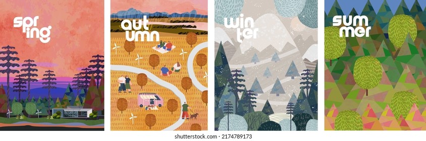 nature. 4 seasons: spring, summer, winter, autumn. Vector illustrations of trees, evening sunset in the village, forest and park with people for poster, card or background: stockvector