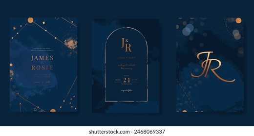 Navy Blue Luxury Wedding Invitation, start invite thank you, rsvp modern card Design in Night sky with  little star moon sun and space decorative Vector elegant rustic template Vektor Stok