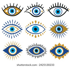 ナザールビーズ邪眼ビーズ、青い目のアイコン、邪眼、邪眼またはトルコの目のシンボルとアイコンセットからの3種類のデザイン保護のベクター画像素材