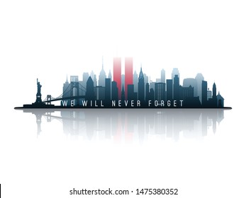 New York panorama silueta s Twin Towers. 09.11.2001 American Patriot Day banner. NYC Světové obchodní centrum. Vektorová ilustrace. Stock vektor