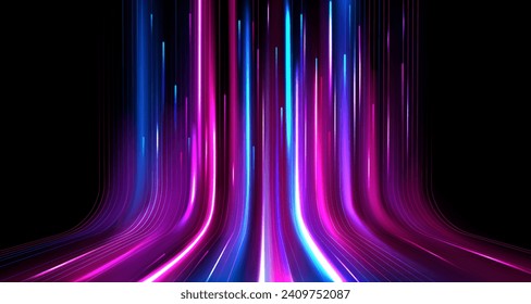 ネオン光速効果。黒い背景に青、ピンク、白の線が上に動くベクター画像、最新のデータ伝送技術、光ファイバーネットワーク、無線通信のベクター画像素材