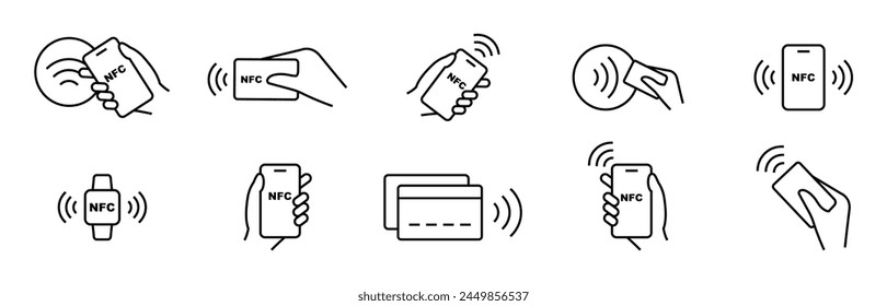 NFC payment icon set. Contactless wireless pay sign. NFC technology icon. Credit card nfc payment. Editable stroke. Vector line icon. - Vector στοκ