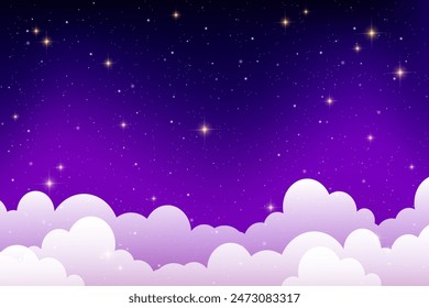 夜曇り空。紫色と青の抽象空間に星と輝き。魔法の光のかわいい夢のような壁紙。暗い夜の天国の風景。夕暮れ落ち着いた夕暮れとベクター画像のグラデーションの日の出のベクター画像素材