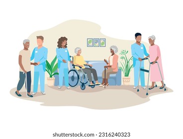 Nurses take care of the elderly in a nursing home. Happy older men and women and friendly nurses. Thanks nurses. Vector illustration in a flat style. 库存矢量图