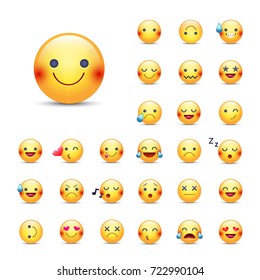 Smileys vector icon set. Emoticons pack. Happy, merry, singing, sleeping, ninja, crying, in love and other round yellow face. Large collection of smiles - Vector στοκ