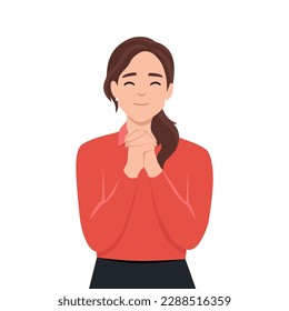 Smiling young woman with hands in prayer ask for forgiveness or beg. Happy girl feel hopeful and joyful praying. Faith and belief. Flat vector illustration isolated on white background: stockvector