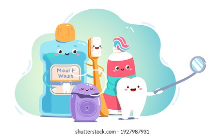 Smiling animated teeth care product cartoon characters. Mouth wash, toothbrush, toothpaste tube, floss, tooth looking into dental mirror. Oral hygiene, care, dentistry concept flat vector illustration Stock Vector