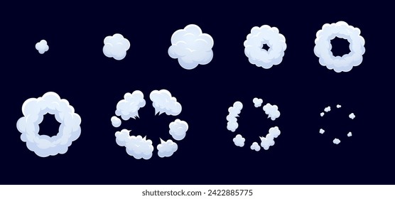 Smoke cloud explosion sprite or bomb blast effects for cartoon animation, vector puffs. Bomb explode or boom blast clouds of energy explosives and TNT dynamite pop explosion of burst for sprite sheet: stockvector