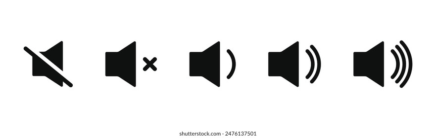 Sound volume icons set with different signal levels on white background. Аn icon that increases and reduces the sound. Sound icon, volume symbol, speaker sign, audio control icon set. Vector eps10 Immagine vettoriale stock