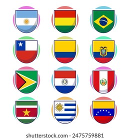 남아메리카 대륙의 깃발. 평면 만화 벡터 요소 디자인, 여행 기호, 랜드마크 기호, 지리 및 지도 플래그 엠블럼.
