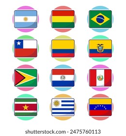 South american continent flags. Flat rectangle vector element design, travel symbols, landmark symbols, geography and map flags emblem. เวกเตอร์สต็อก