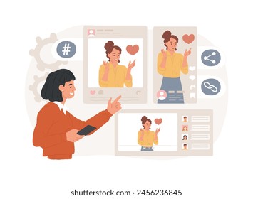 Social network promotion isolated concept vector illustration. Press like button, comment and share, followers, social networks strategy, media promotion, digital marketing vector concept. 库存矢量图