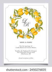 Стоковое векторное изображение: Save the date Citrus lemon Invitation template. Lemon Wedding Invitation. Editable, Printable Wedding card, Mediterranean Lemon invitation. Italian wedding template. Vector illustration.