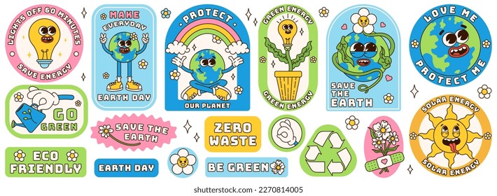 Save the planet sticker set in trendy groovy style. Earth Day. Funny vector earth character and mascot. Eco friendly conception. Vector illustration. Stock Vector